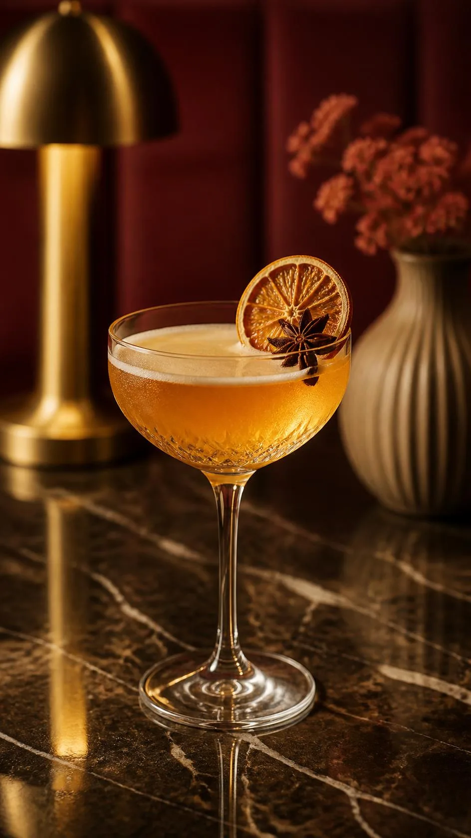 Cocktail with dried orange and star anise on a marble table